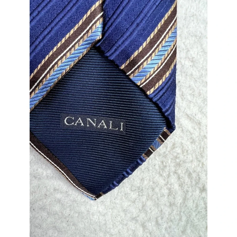 Canali Tie Mens One Size Blue Brown Striped 100% Silk Made In Italy Classic